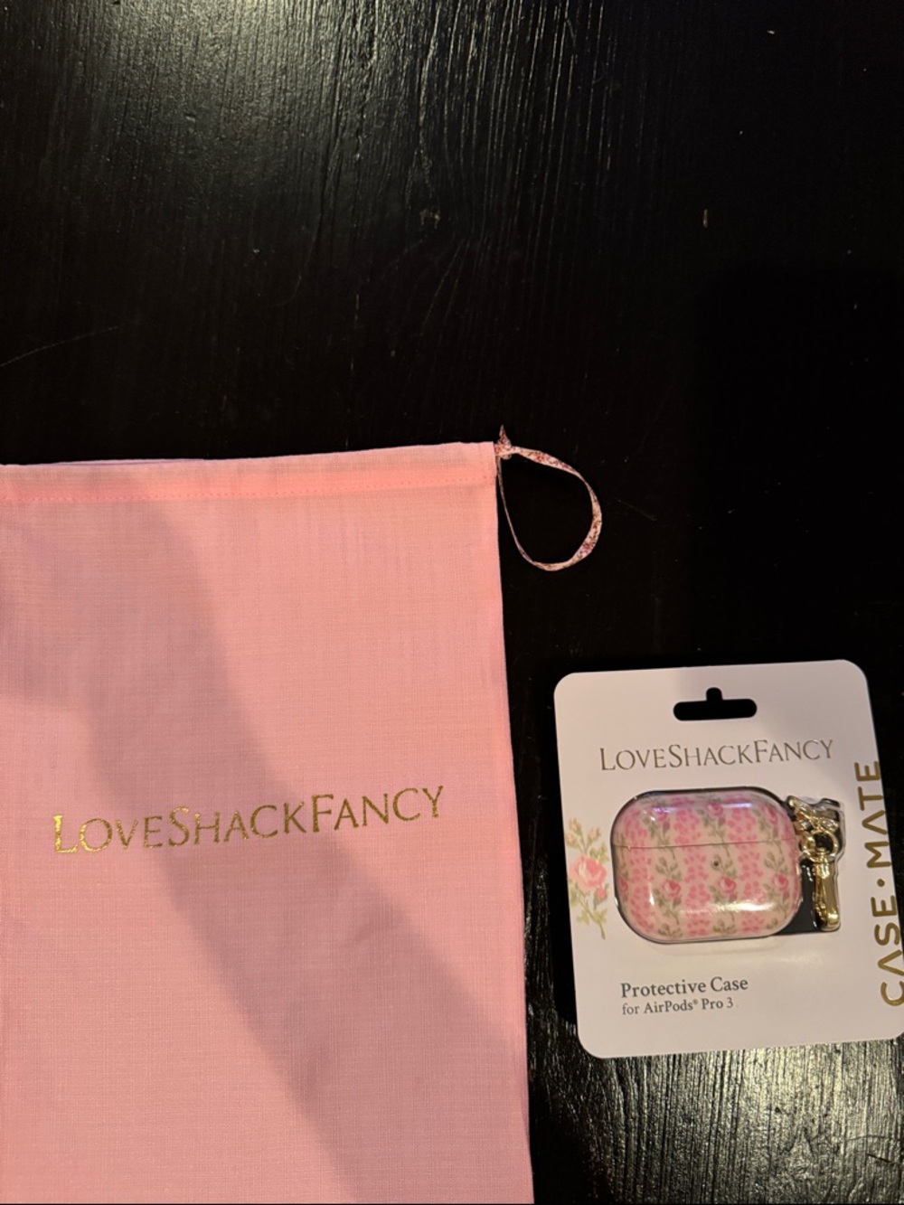 LoveShackFancy Pink Floral AirPods Pro 3 Case with Gold Logo Pouch